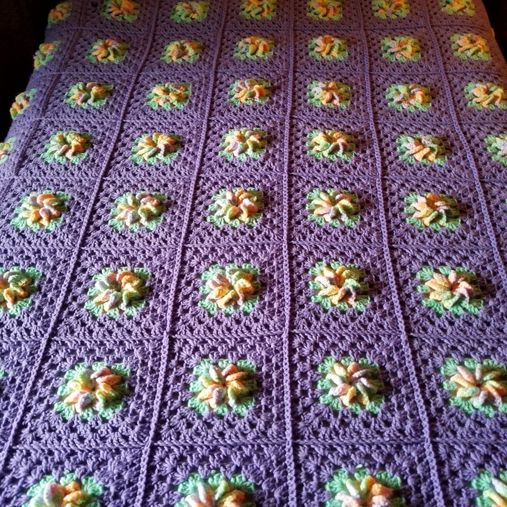 Purple Granny Square Afghan with flower centers